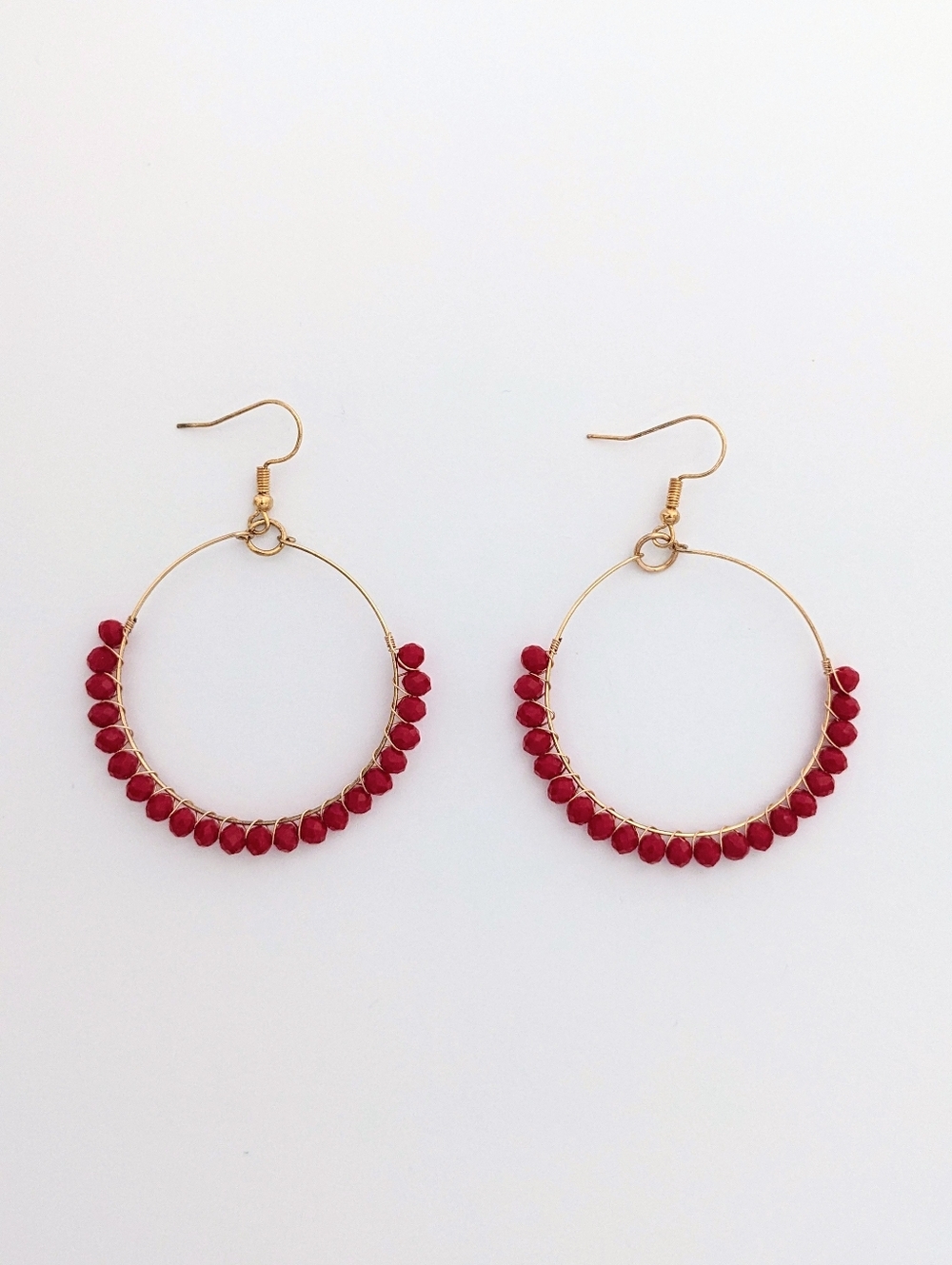 Gold and Red Beaded Hoop Earrings